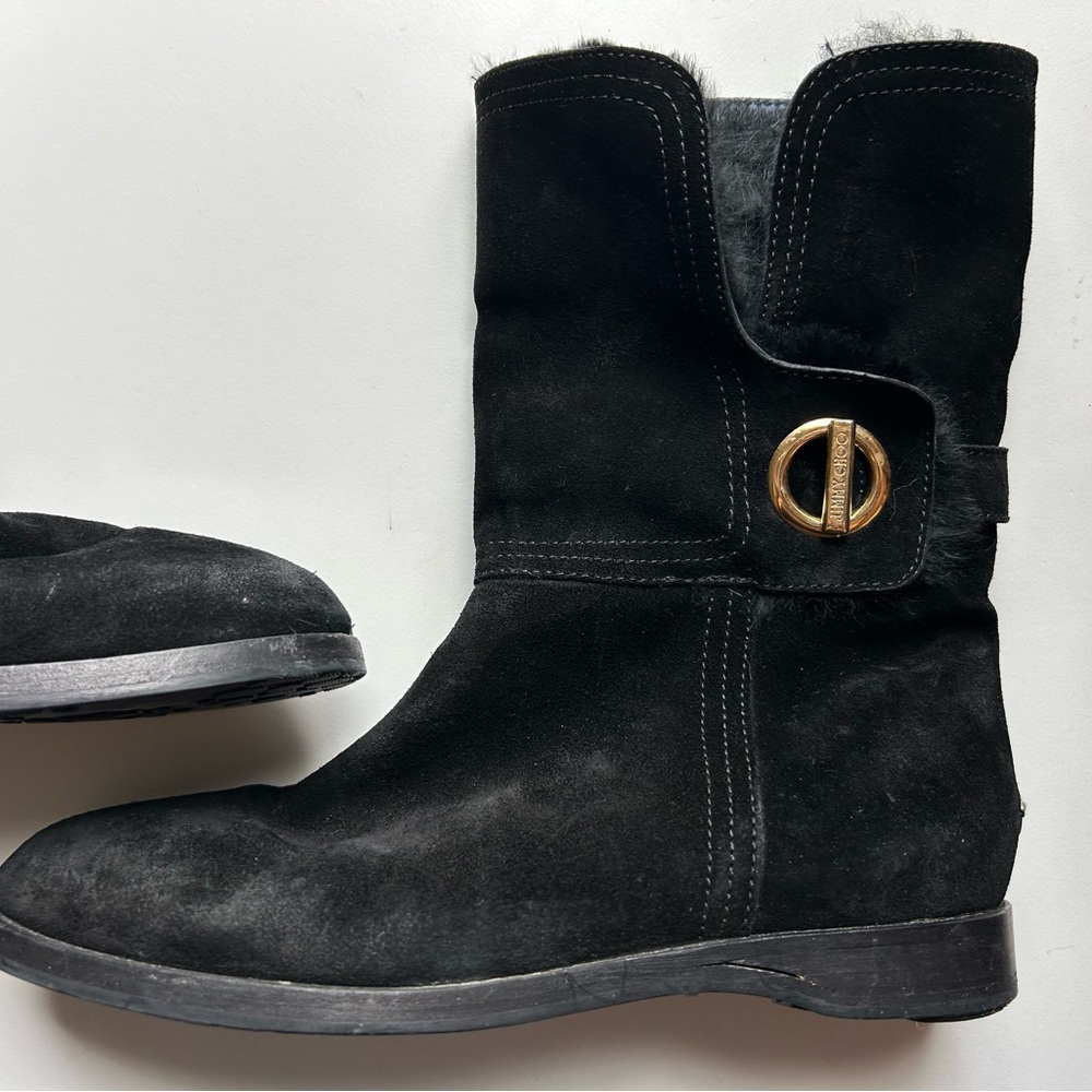 Jimmy Choo Black Fold Over Fur Lined Luxury Leather Boots - Picture 2 of 8
